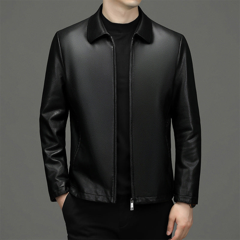 Men's Classic Leather Jacket with Zipper Front