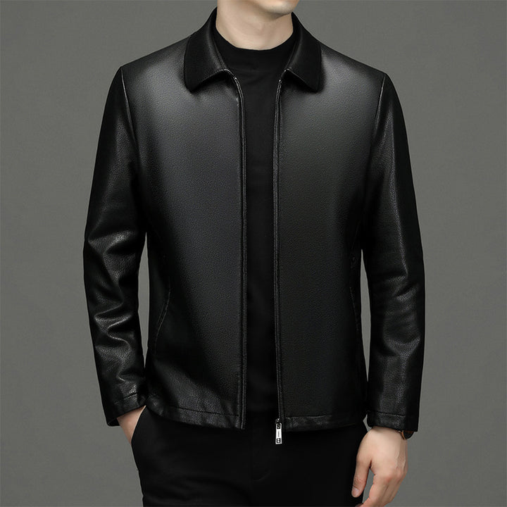 Men's Classic Leather Jacket with Zipper Front