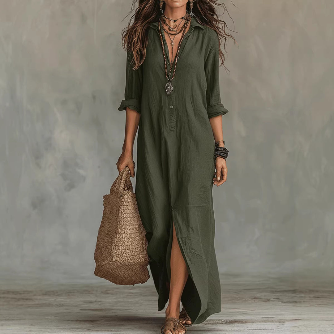 LapelFlow™ – Woman Long-Sleeve Side-Slit Maxi Dress