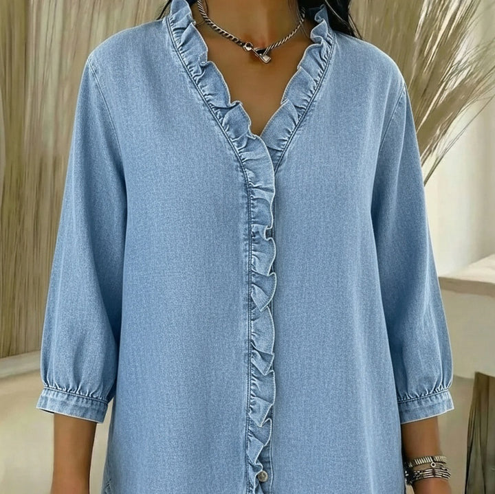 AuraRuffle™ – Woman Relaxed Denim Blouse