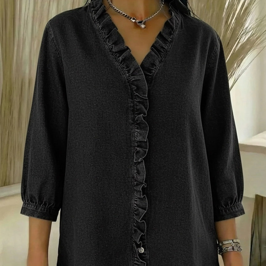 AuraRuffle™ – Woman Relaxed Denim Blouse