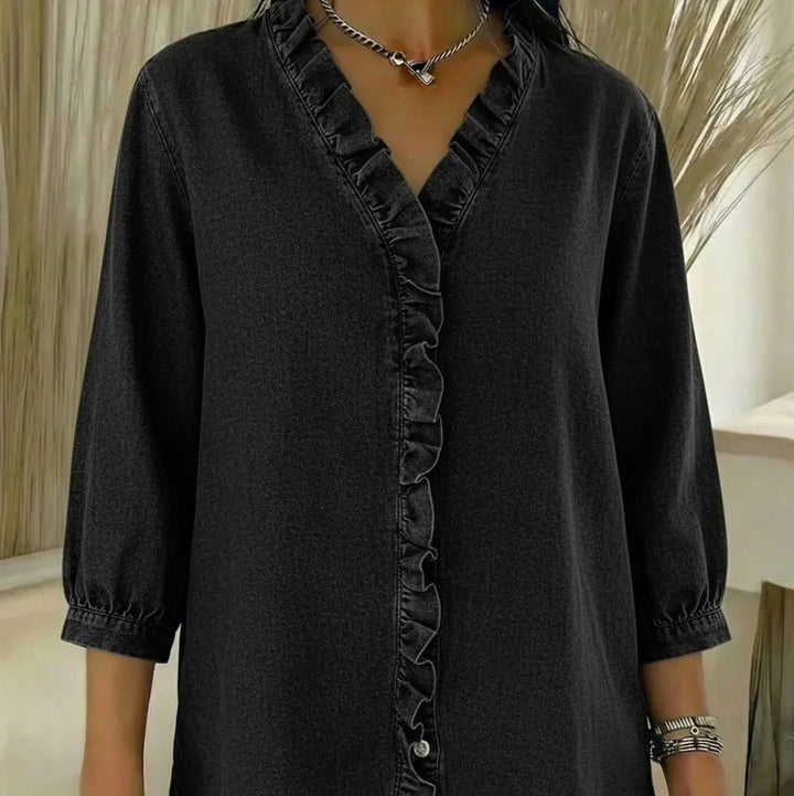 AuraRuffle™ – Woman Relaxed Denim Blouse