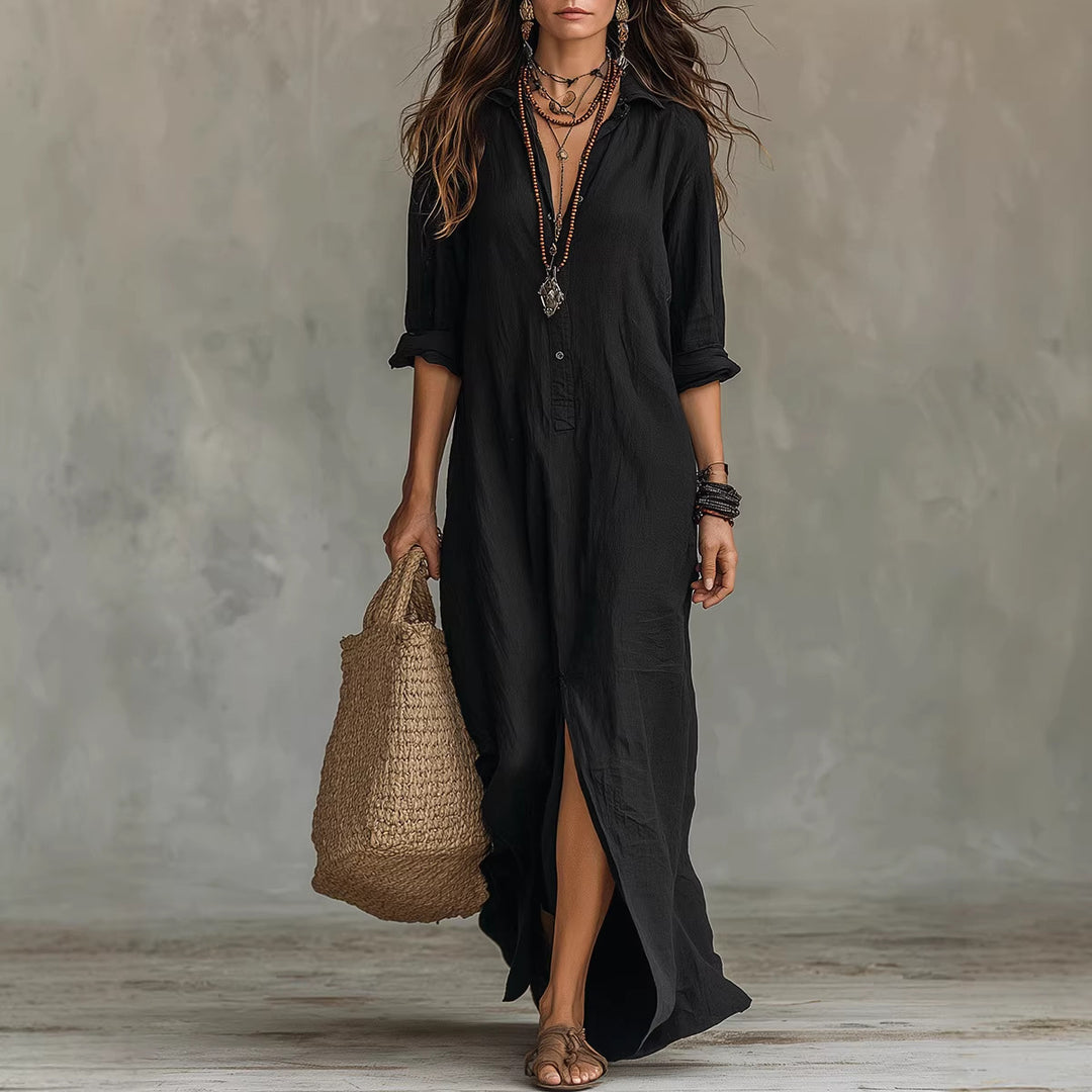 LapelFlow™ – Woman Long-Sleeve Side-Slit Maxi Dress