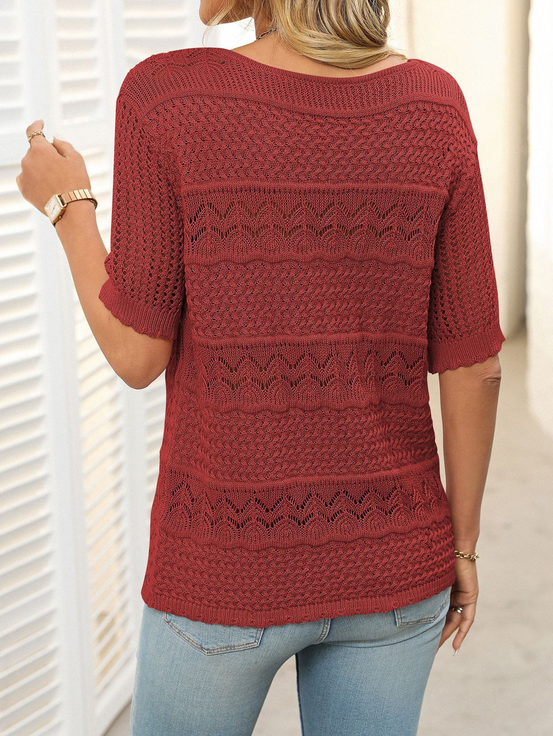 Mirelle™ – Open-Knit Round Neck Top