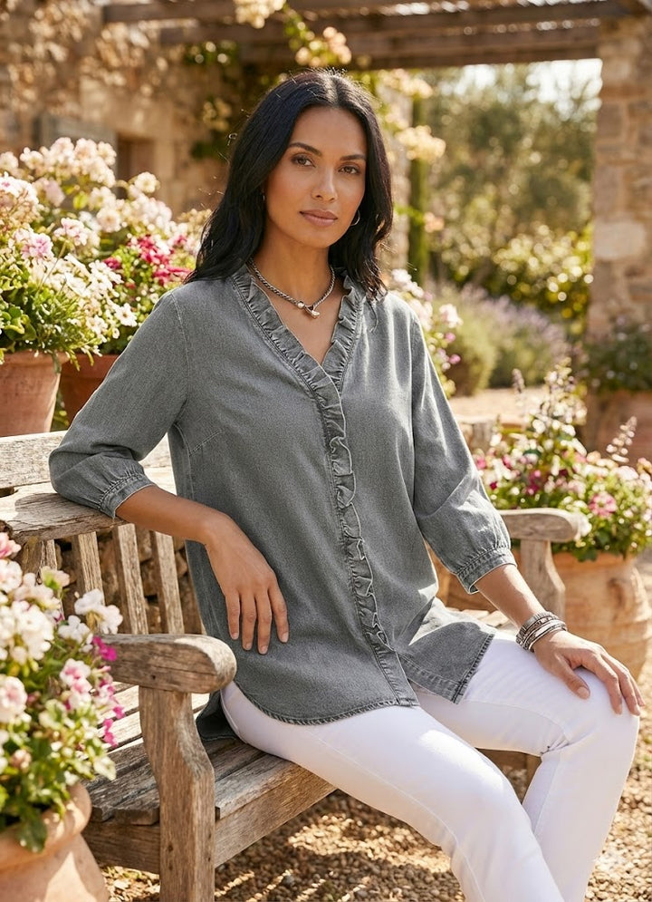 AuraRuffle™ – Woman Relaxed Denim Blouse